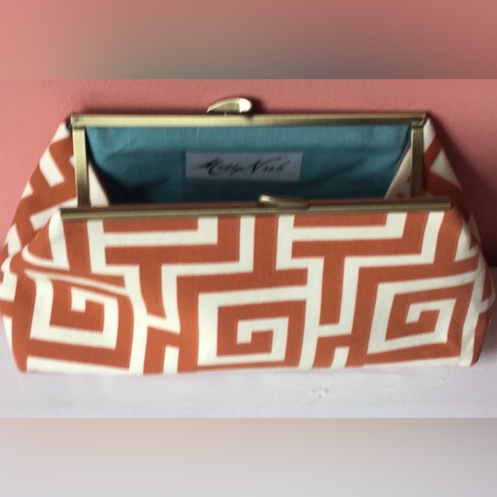 NWOT Maddy Nash clutch Purse Cotton woven Greek Key Orange Cream, aqua lining